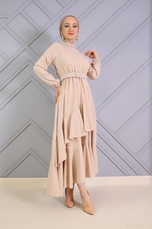Altı Fırfır Detaylı Kemerli Elbise Bej