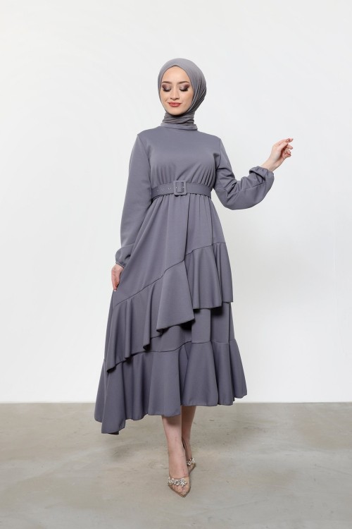Altı Fırfır Detaylı Kemerli Elbise Gri