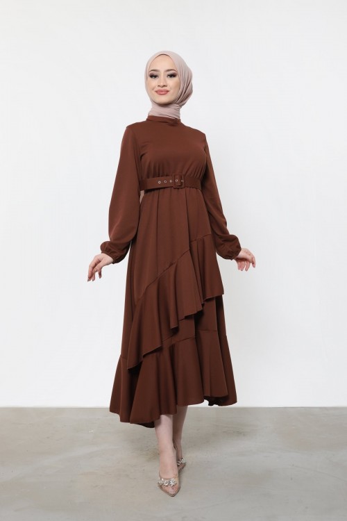 Altı Fırfır Detaylı Kemerli Elbise Kahverengi