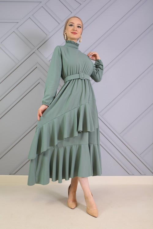 Altı Fırfır Detaylı Kemerli Elbise Mint