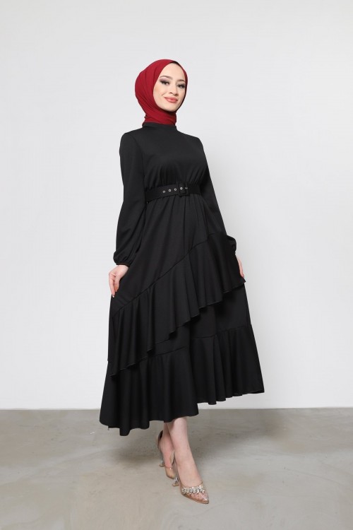 Altı Fırfır Detaylı Kemerli Elbise Siyah