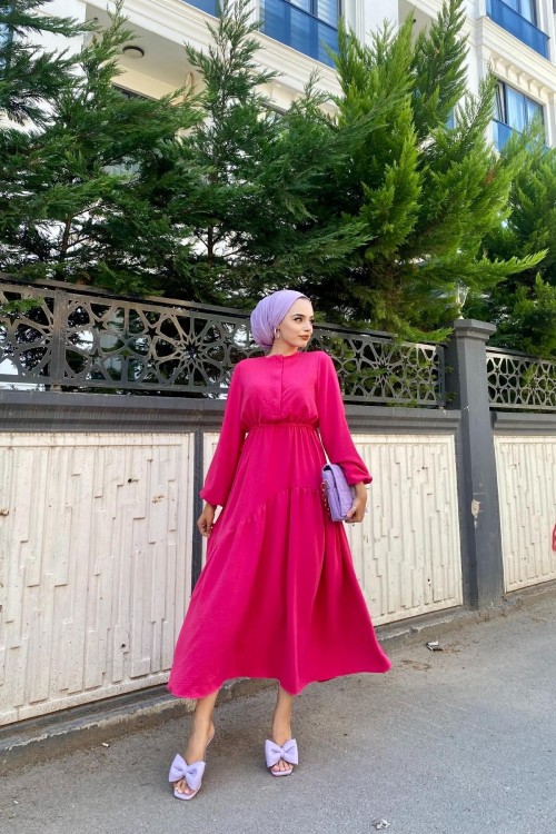 Altı Verev Parçalı Elbise Fuşya