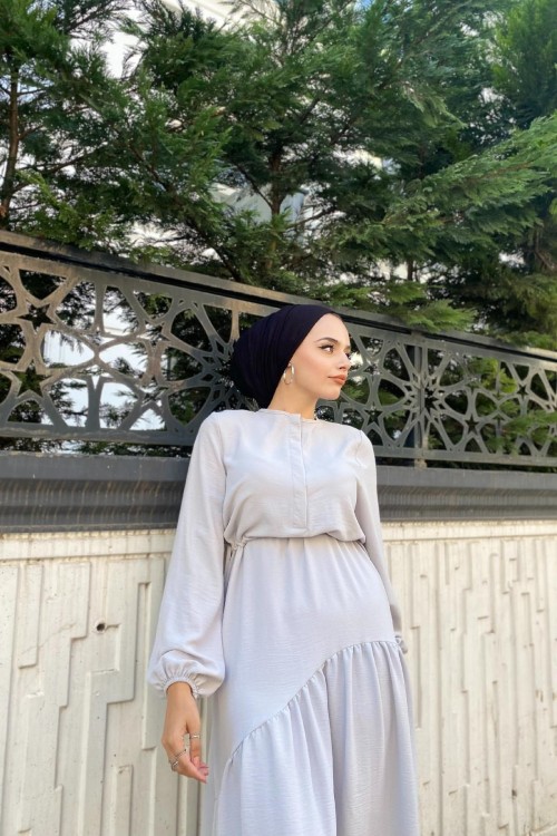 Altı Verev Parçalı Elbise Gri