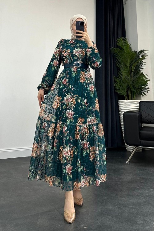 Alyona Dantelli Kemerli Elbise Yeşil