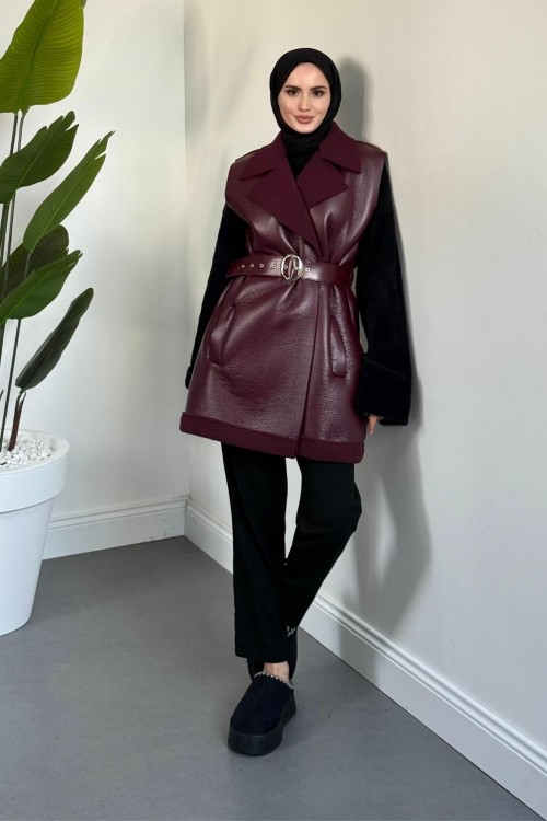 Amarila Deri Görünümlü Yelek Bordo