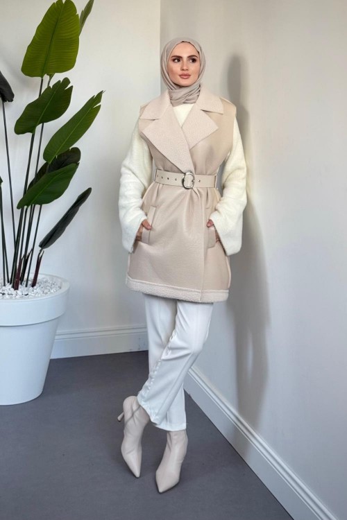 Amarila Deri Görünümlü Yelek Krem