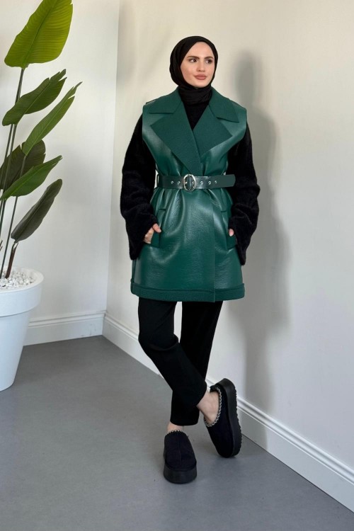 Amarila Deri Görünümlü Yelek Yeşil