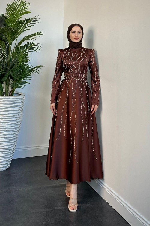Amaris Taşlı Abiye Kahverengi