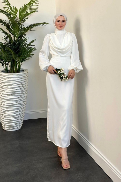 Amber Drape Detay Saten Abiye Beyaz