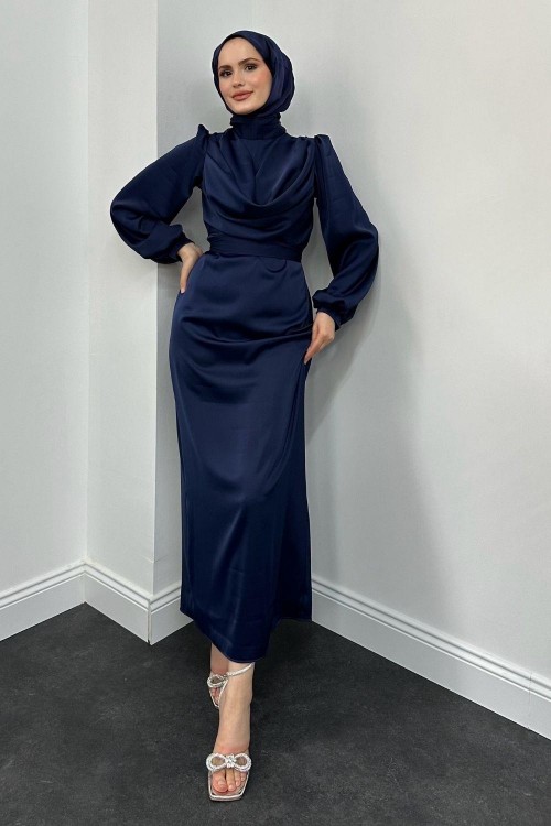 Amber Drape Detay Saten Abiye Lacivert