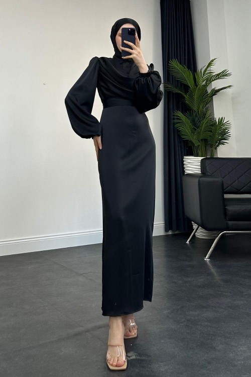 Amber Drape Detay Saten Abiye Siyah