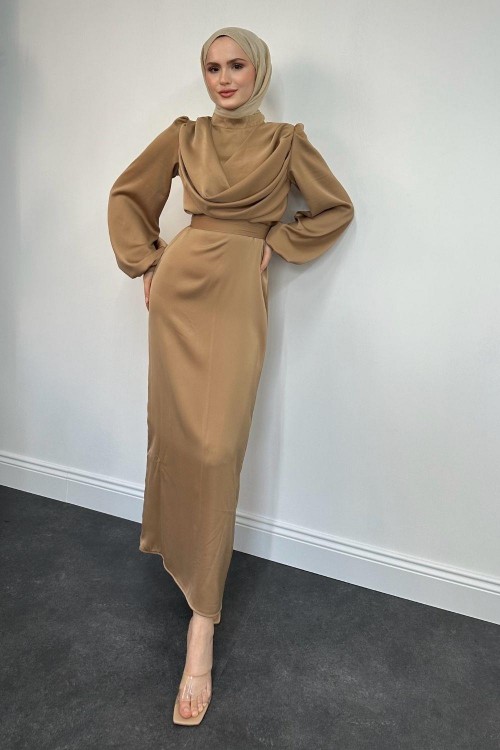 Amber Drape Detay Saten Abiye Vizon