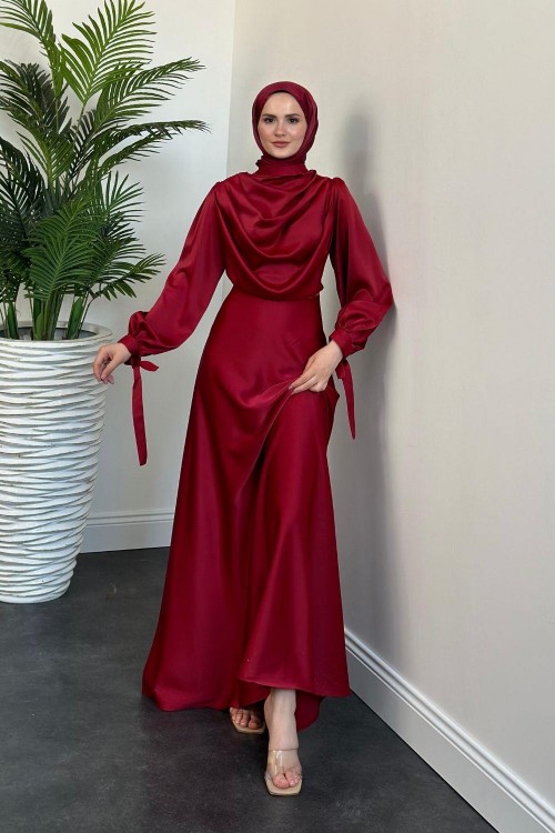 Amedea Üstü Drape Saten Abiye Bordo