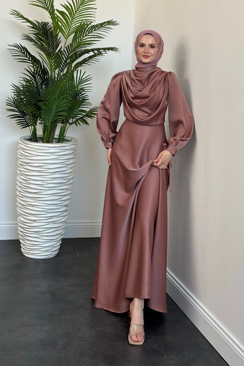 Amedea Üstü Drape Saten Abiye Gül Kurusu