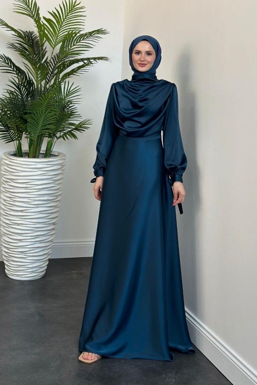 Amedea Üstü Drape Saten Abiye Petrol Yeşili