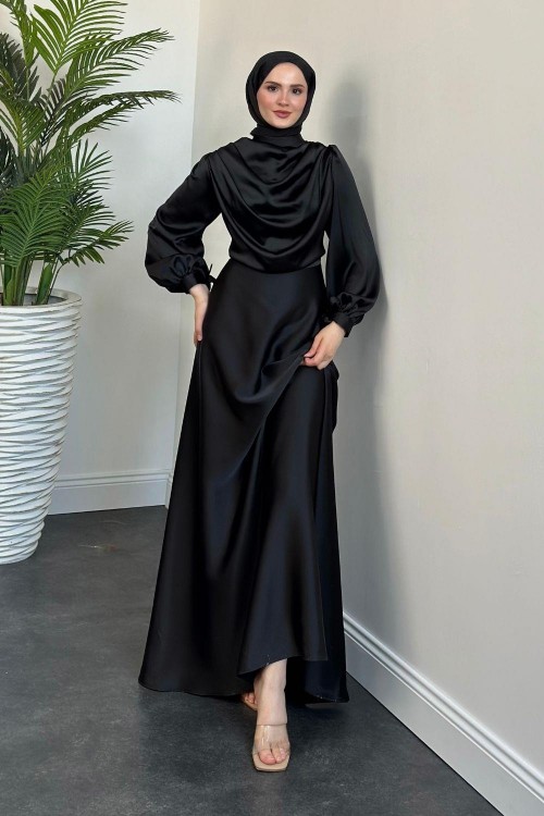 Amedea Üstü Drape Saten Abiye Siyah
