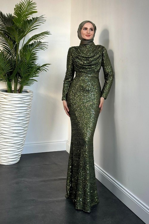 Amira Degaje Yaka Pul Payet Balık Abiye Haki