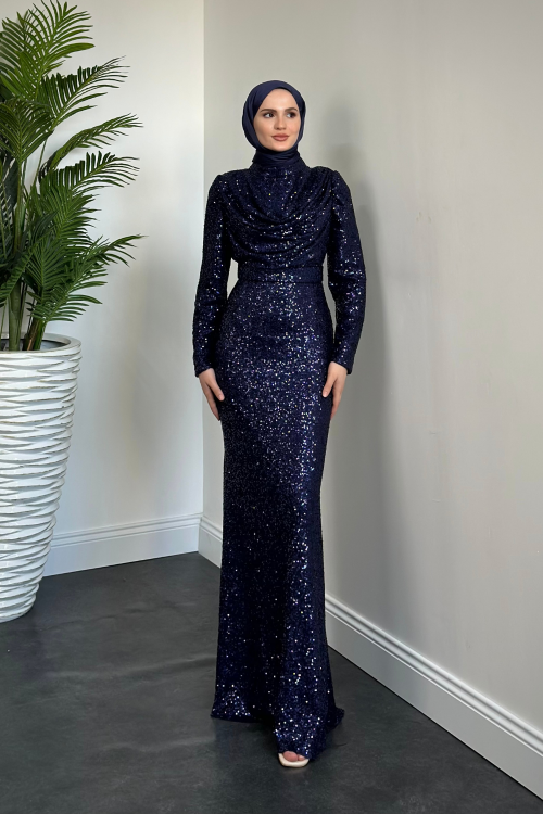 Amira Degaje Yaka Pul Payet Balık Abiye Lacivert