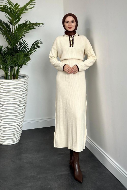 Amiya Düğmeli Triko Elbise Krem