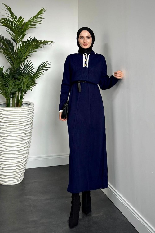 Amiya Düğmeli Triko Elbise Lacivert