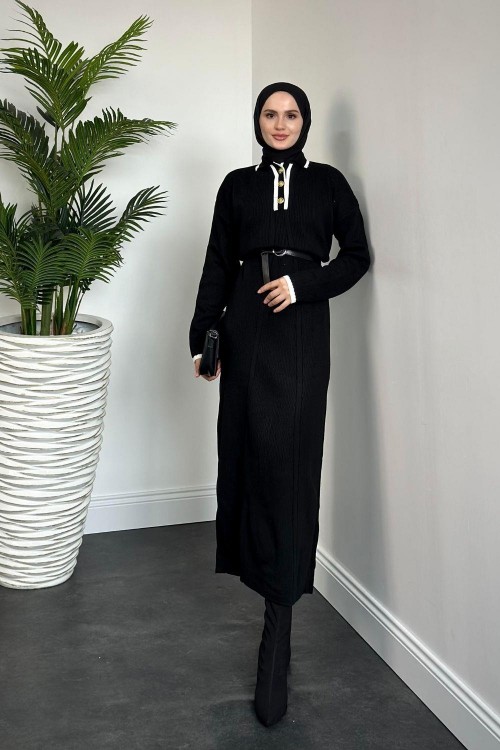 Amiya Düğmeli Triko Elbise Siyah