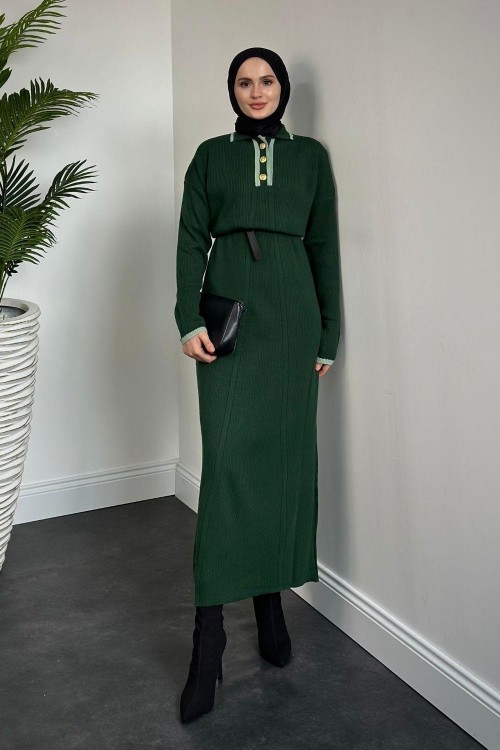 Amiya Düğmeli Triko Elbise Zümrüt