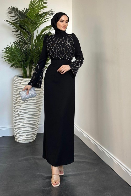 Anatolia Taşlı Krep Abiye Siyah