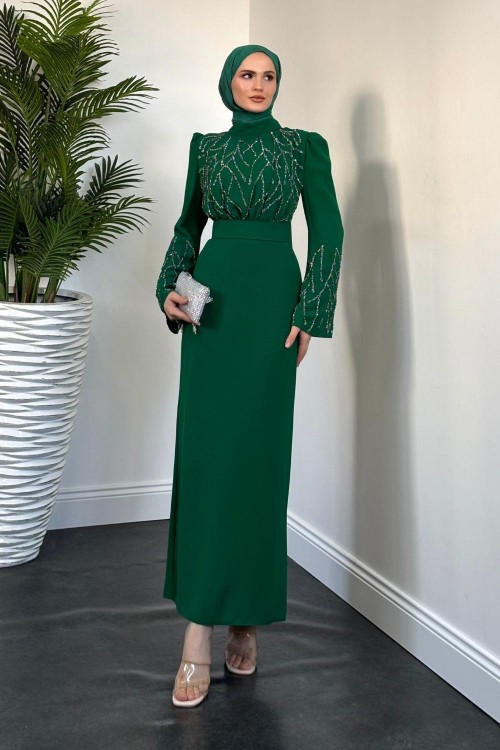 Anatolia Taşlı Krep Abiye Yeşil