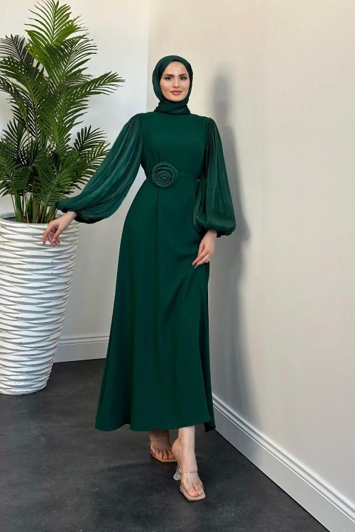 Andreina Gül Tokalı Elbise Zümrüt