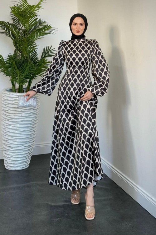 Anemon Saten Desenli Abiye Siyah