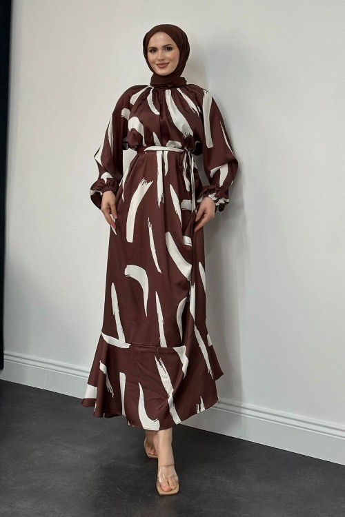 Angel Desenli Saten Elbise Kahverengi
