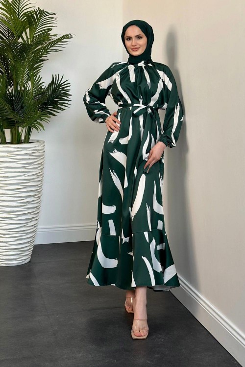 Angel Desenli Saten Elbise Zümrüt