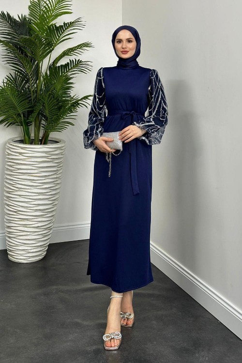 Angelica Kolları Simli Abiye Lacivert