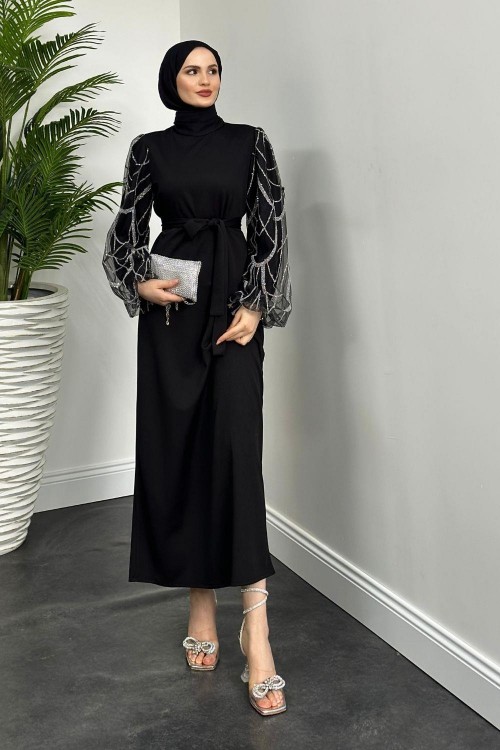 Angelica Kolları Simli Abiye Siyah