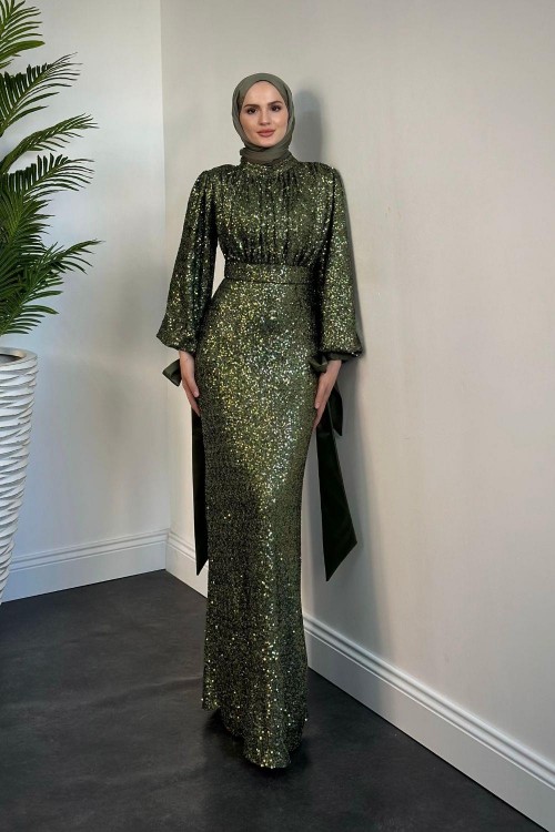 Angeline Drape Detay Pul Payet Abiye Haki