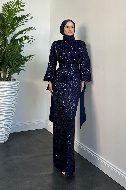 Angeline Drape Detay Pul Payet Abiye Lacivert