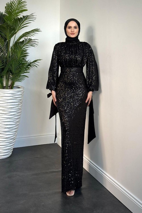 Angeline Drape Detay Pul Payet Abiye Siyah