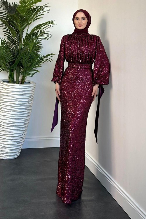 Angeline Drape Detay Pul Payet Abiye Vişne Çürüğü