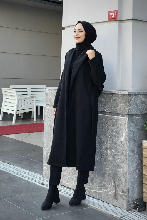 Anja Şal Yaka Kaban Siyah