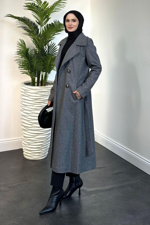 Anjali Düğmeli Astarlı Kaban Füme