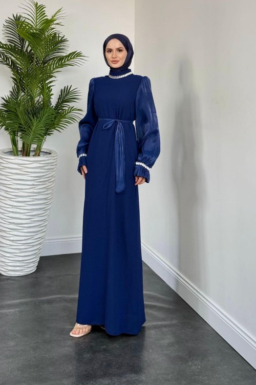 Anna Boynu ve Kolu Baget Taş İşlemeli Abiye Lacivert(KEMERSİZDİR)