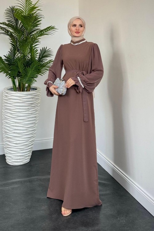 Anna Boynu ve Kolu Baget Taş İşlemeli Abiye Kahverengi(KEMERSİZDİR)