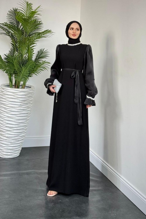 Anna Boynu ve Kolu Baget Taş İşlemeli Abiye Siyah(KEMERSİZDİR)