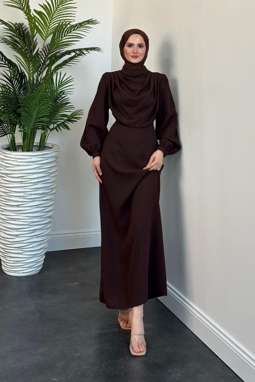 Annalisa Drape Krep Abiye Koyu Kahverengi
