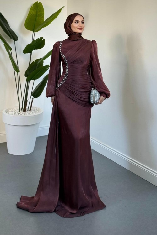 Ansel Yandan Taşlı Drapeli Janjan Abiye Gül Kurusu