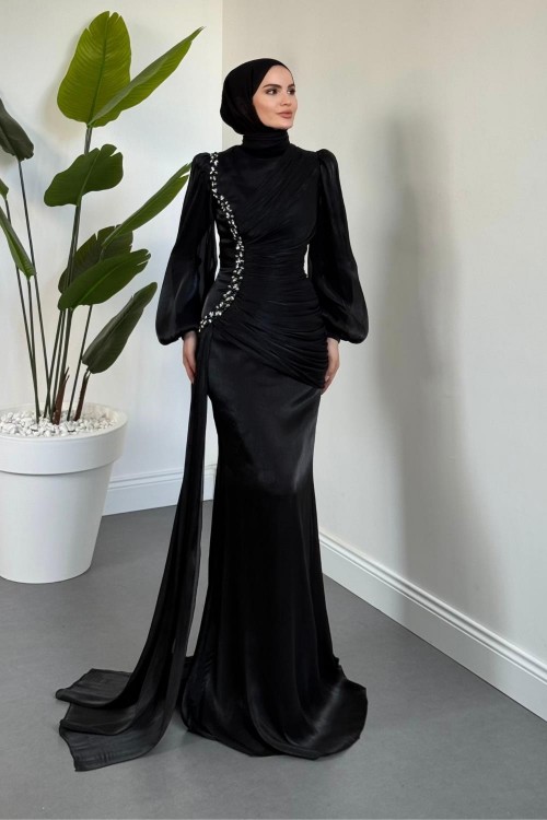 Ansel Yandan Taşlı Drapeli Janjan Abiye Siyah