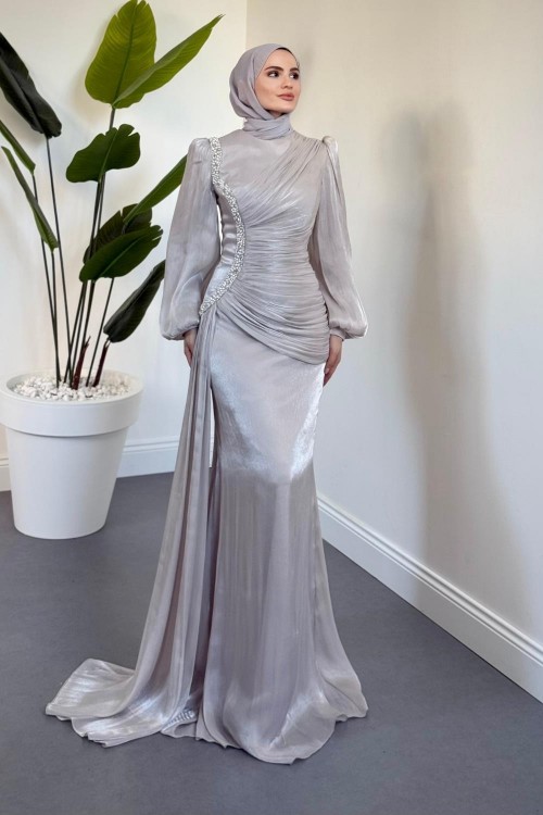 Ansel Yandan Taşlı Drapeli Janjan Abiye Taş