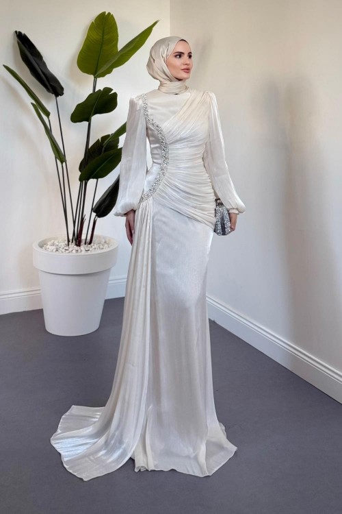 Ansel Yandan Taşlı Drapeli Janjan Abiye Ekru