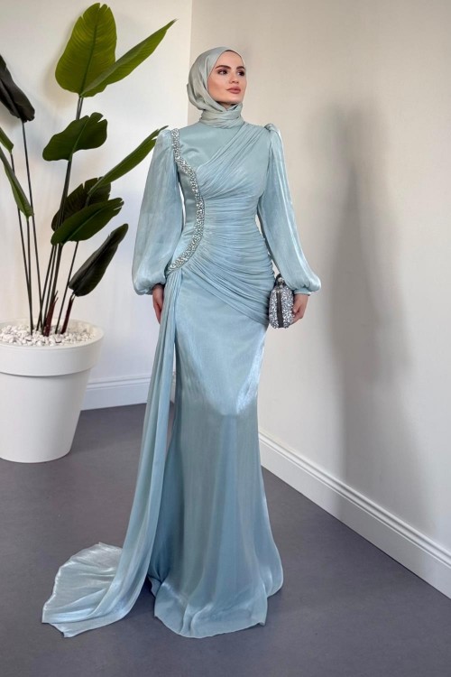 Ansel Yandan Taşlı Drapeli Janjan Abiye Mint