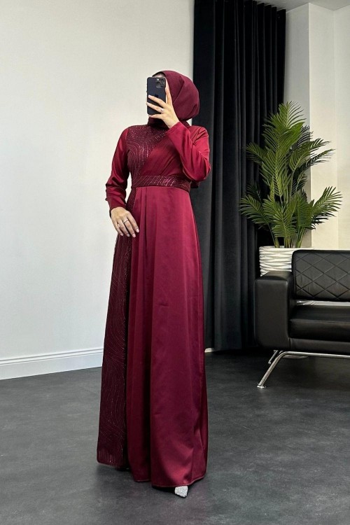 Antea Saten Simli Abiye Bordo